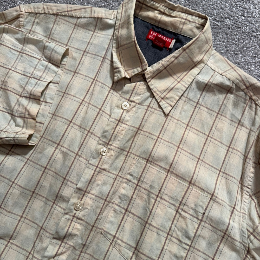 GUESS Shirt Mens Medium Tan Plaid 100% Cotton Vintage Y2K Short Sleeve Button Up